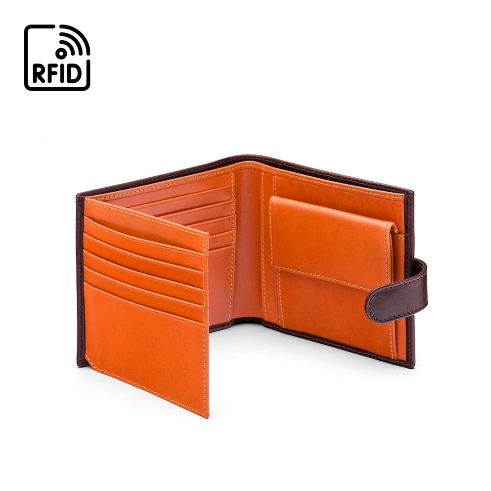 Leather RFID wallet with coin purse, ID and tab closure, brown with orange, open