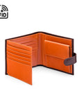 Leather RFID wallet with coin purse, ID and tab closure, brown with orange, open