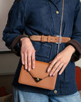 Small leather envelope chain bag, camel, lifestyle