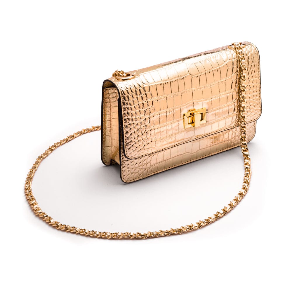 Mini chain bag, gold croc. with chain strap