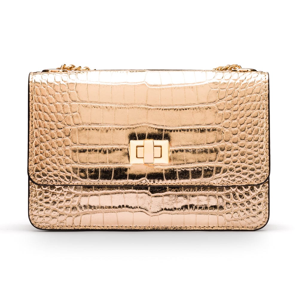 Mini chain bag, gold croc, front view