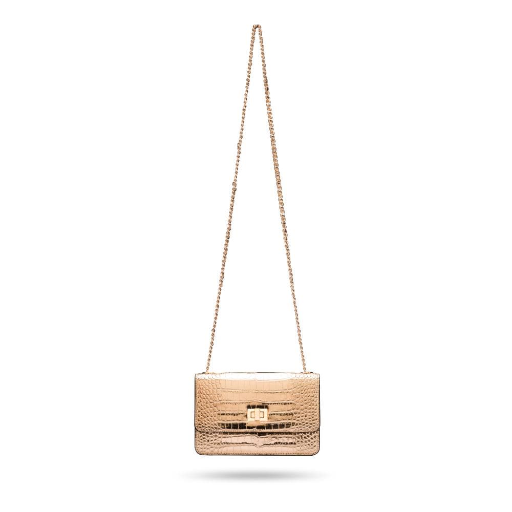 Mini chain bag, gold croc, with long chain strap