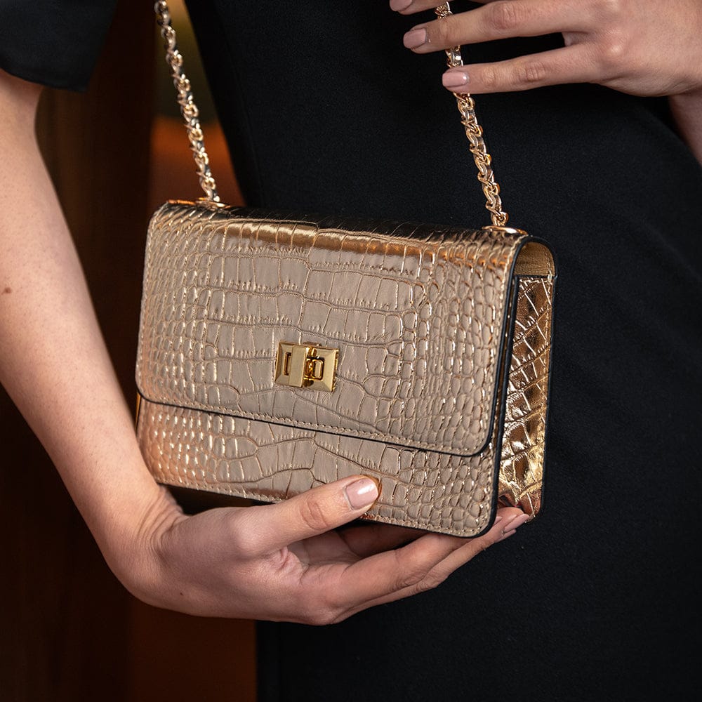 Mini chain bag, gold croc, lifestyle