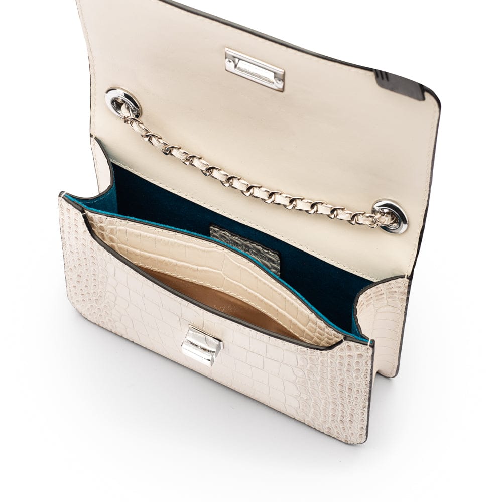 Mini chain bag, ivory burnished croc, inside