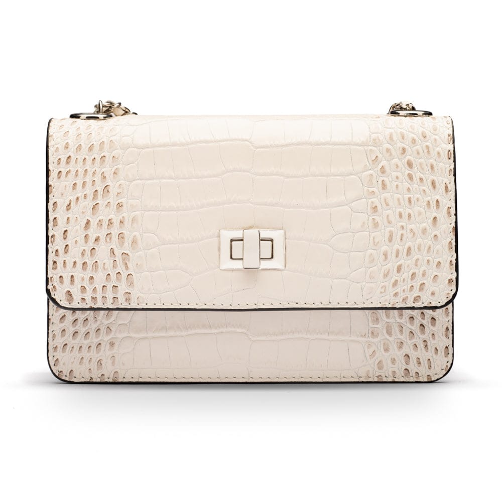 Mini chain bag, ivory burnished croc, front view