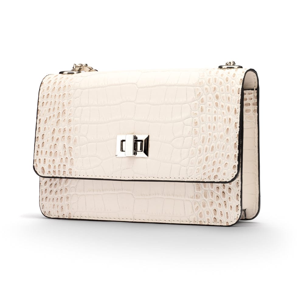 Mini chain bag, ivory burnished croc, side view