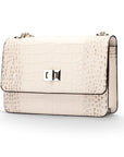 Mini chain bag, ivory burnished croc, side view