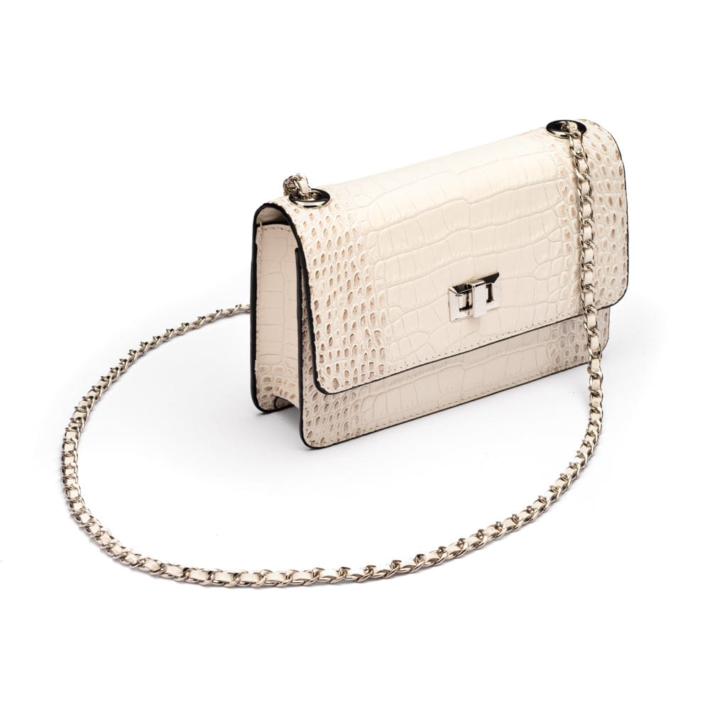 Mini chain bag, ivory burnished croc, side