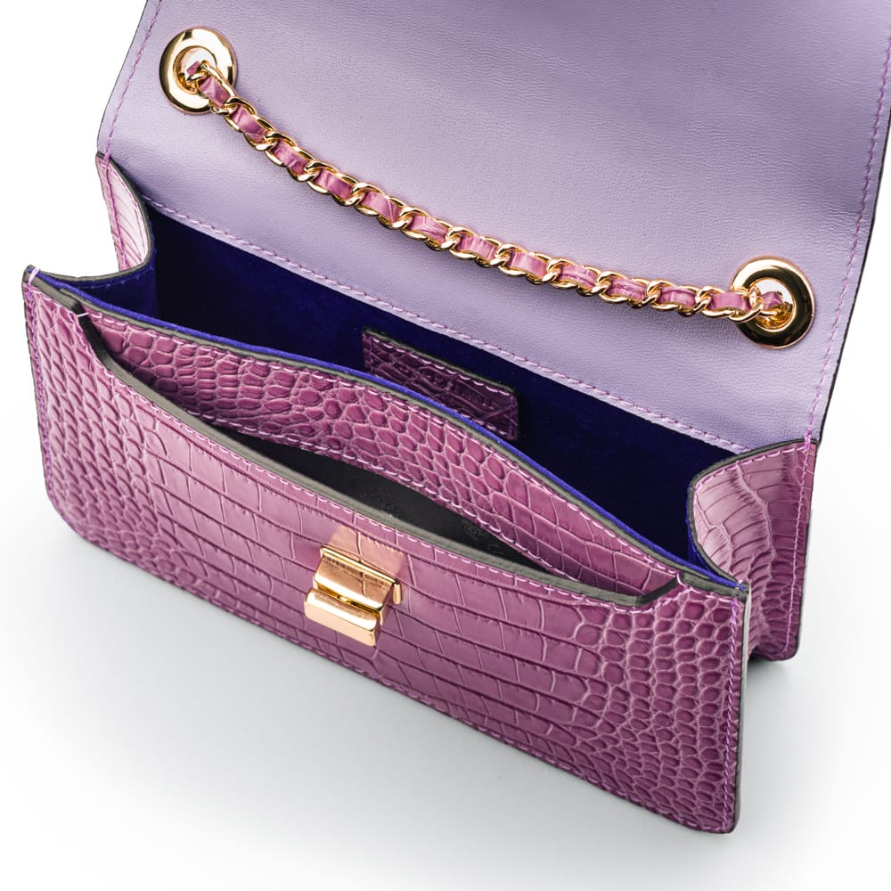 Mini chain bag, lilac croc, inside