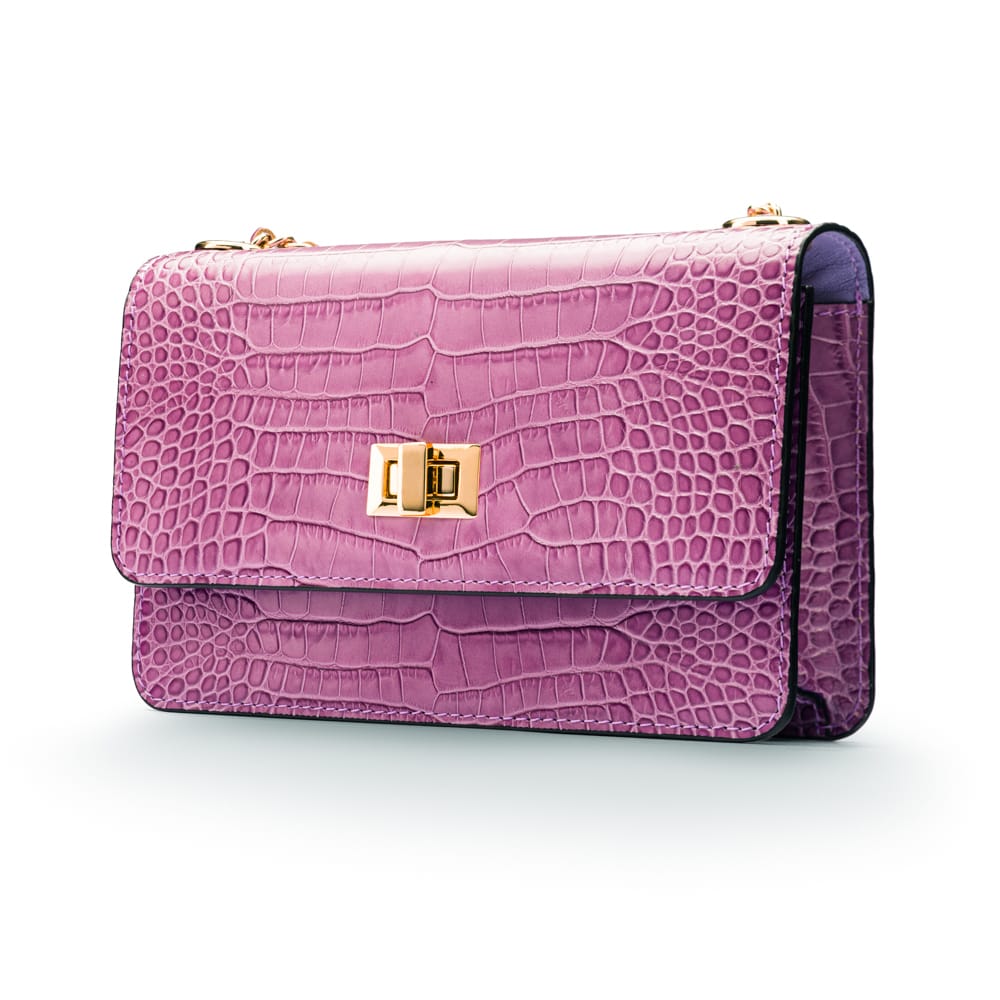 Mini chain bag, lilac croc, side view