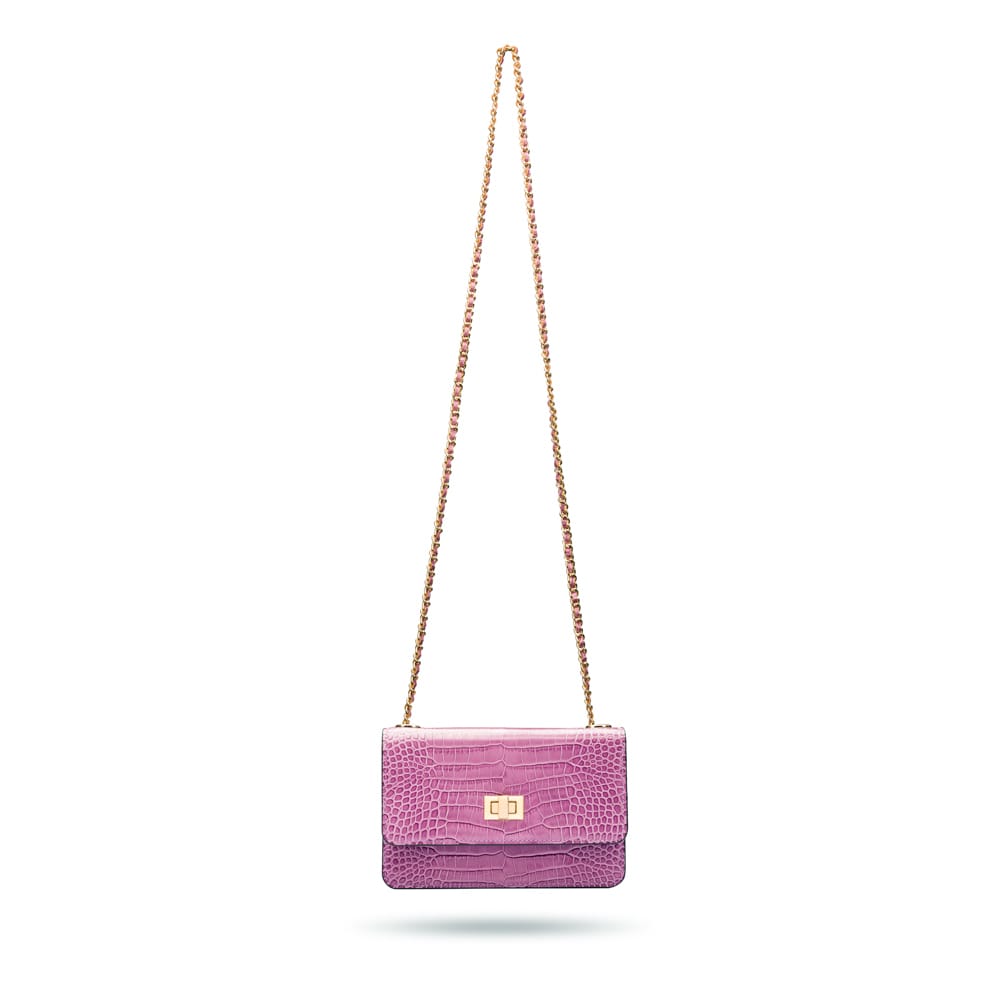 Mini chain bag, lilac croc, with chain strap