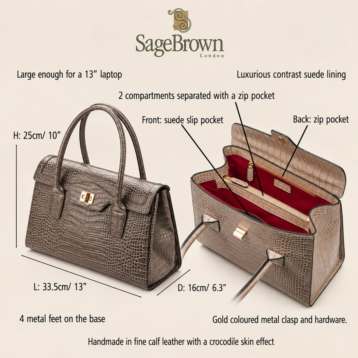Large leather Morgan bag, features and dimensions