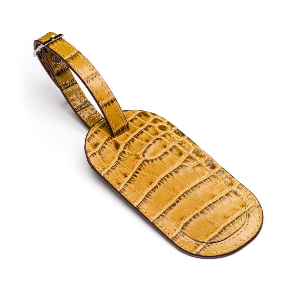 Leather luggage tag, antique green croc, front view