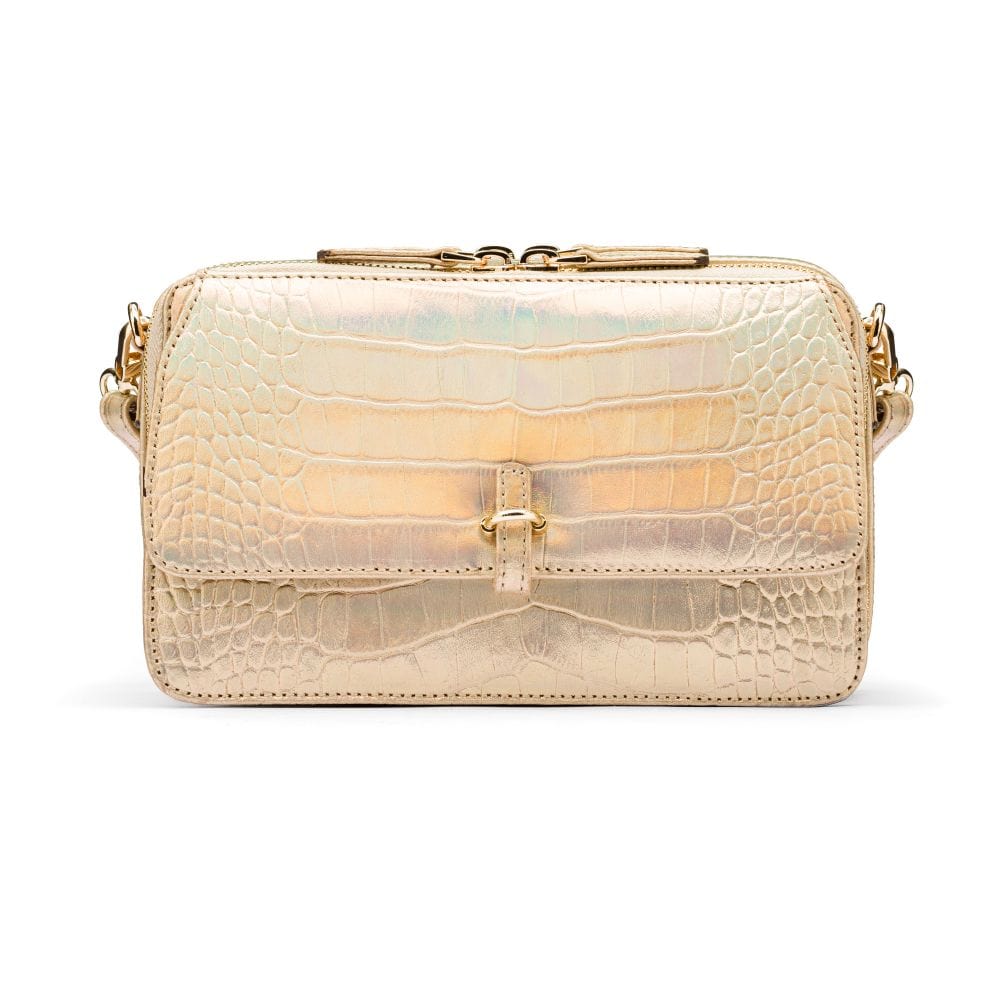 Small leather shoulder bag, gold croc, front