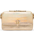 Small leather shoulder bag, gold croc, front