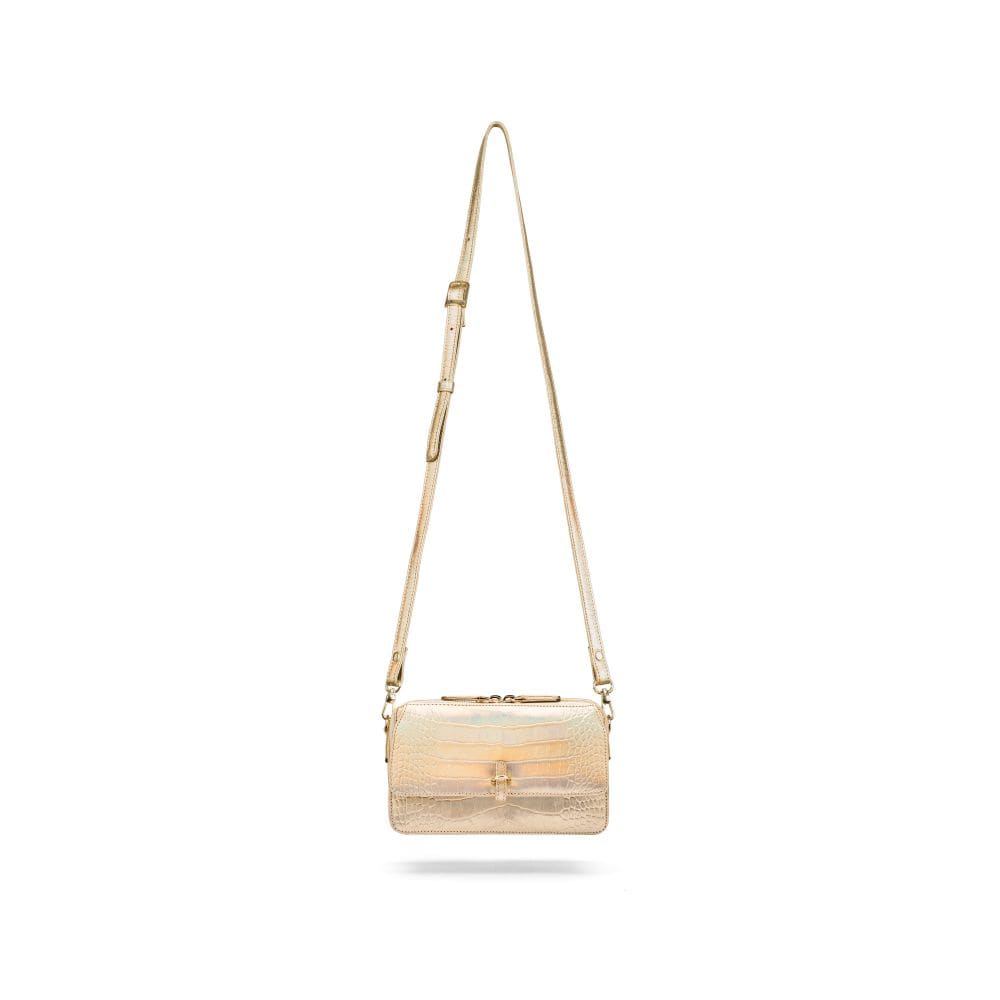 Small leather shoulder bag, gold croc, with shoulder strap