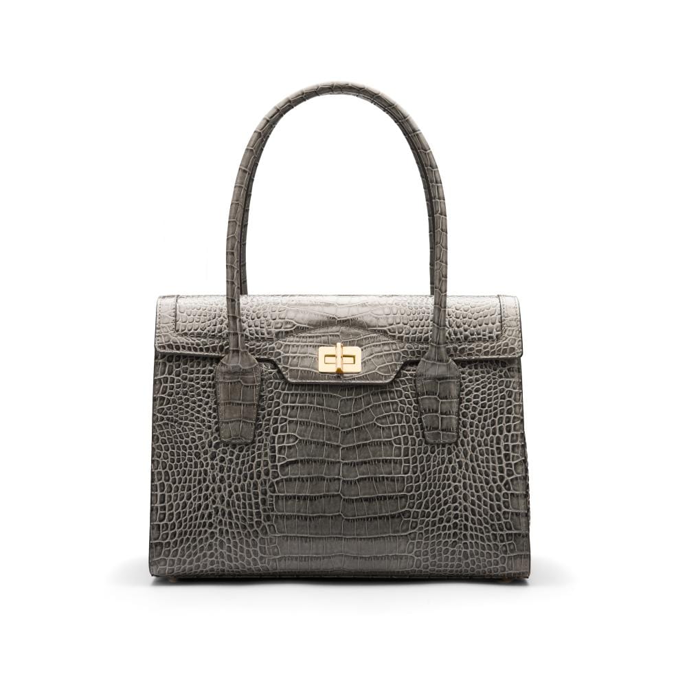 Large leather Morgan bag, grey croc, front view