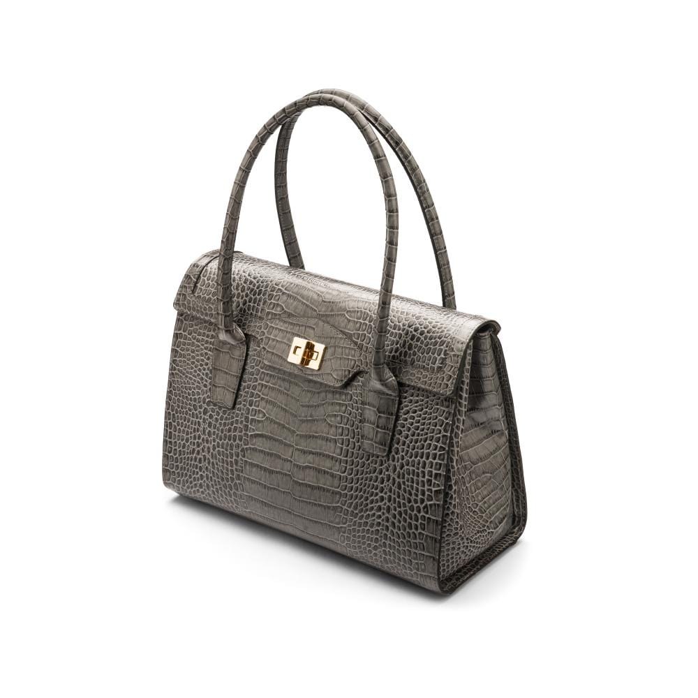 Large leather Morgan bag, grey croc, side