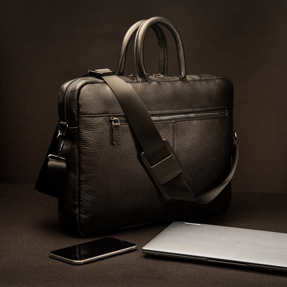 15" slim leather laptop bag, black, lifestyle