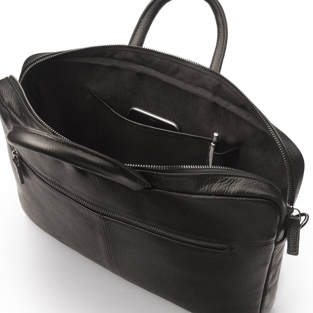 15" slim leather laptop bag, black, inside