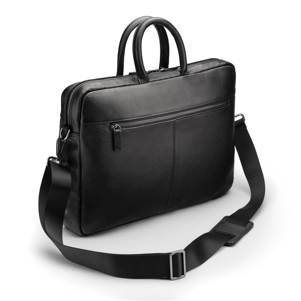 15" slim leather laptop bag, black, with strap