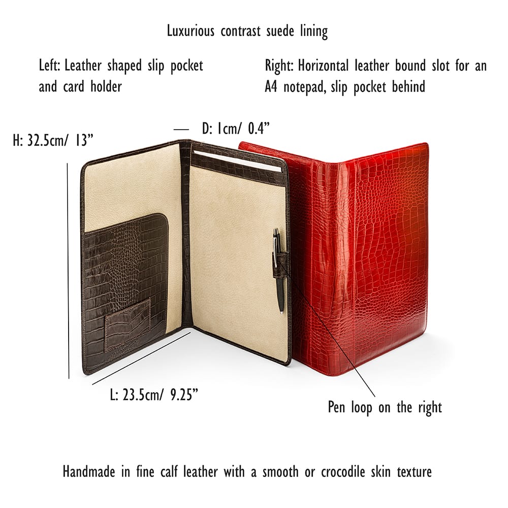 A4 leather document folder, features and dimensions