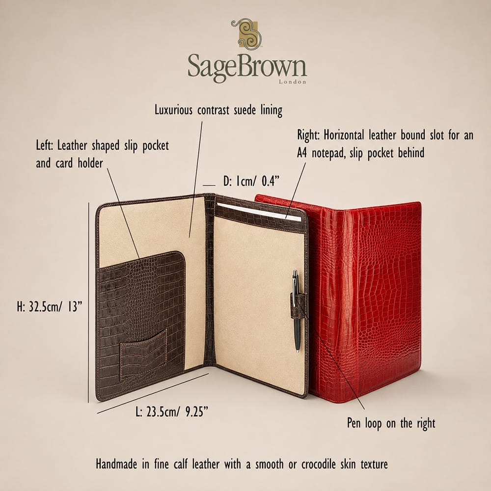 A4 leather folder, features and dimensions