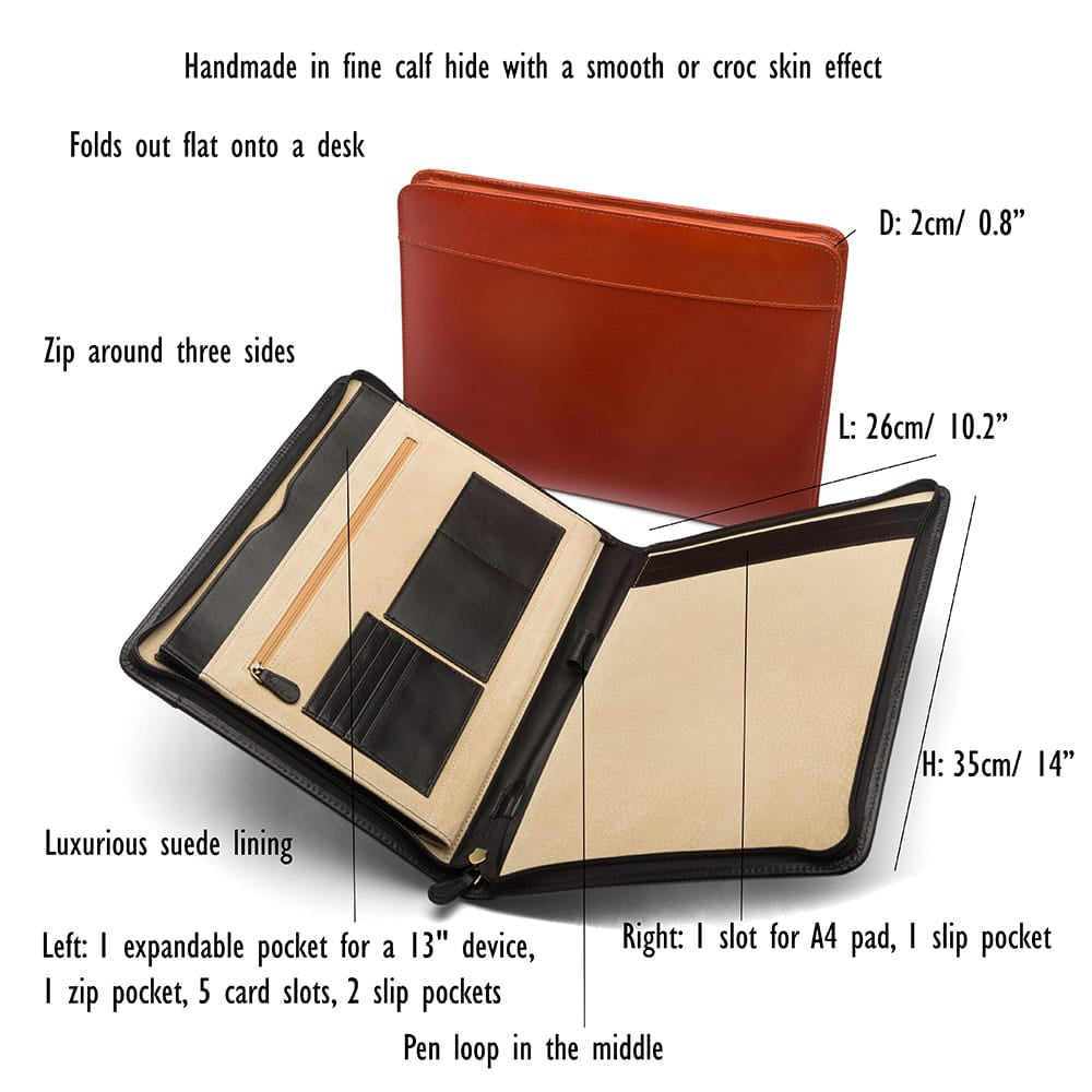 A4 leather notepad folder, features and dimensions