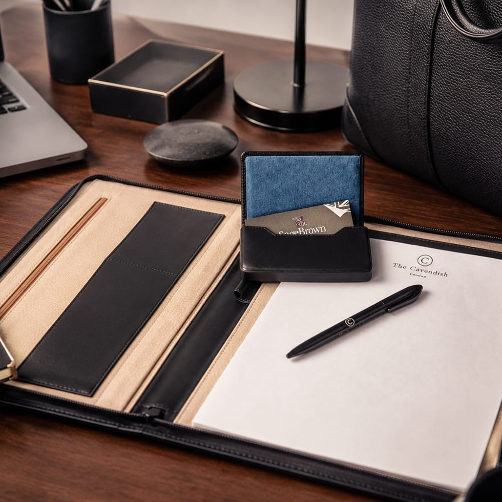 A4 leather notepad folder, black, lifestyle