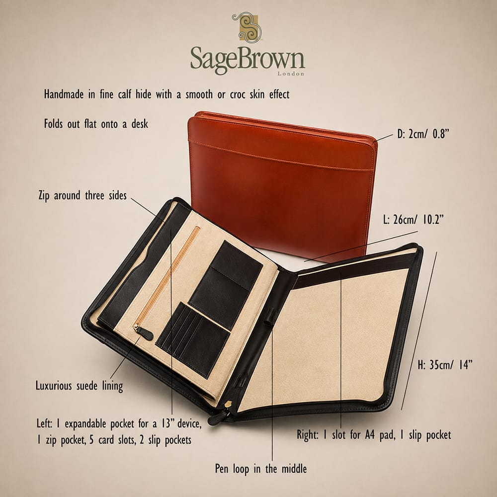 A4 leather notepad folder, features and dimensions