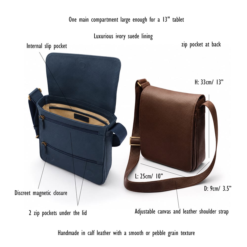 A4 portrait medium leather messenger bag, dimensions and features