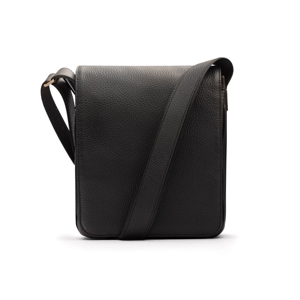 A4 portrait medium leather messenger bag, black pebble grain, front