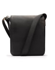 A4 portrait medium leather messenger bag, black pebble grain, front