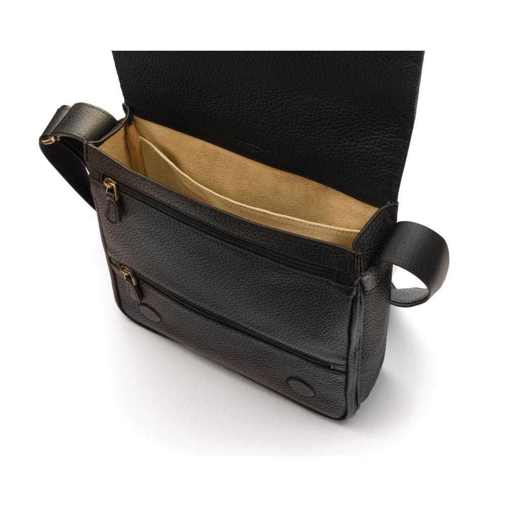 A4 portrait medium leather messenger bag, black pebble grain, inside