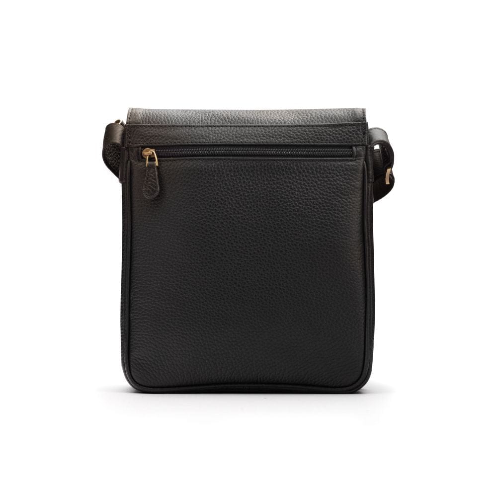A4 portrait medium leather messenger bag, black pebble grain, back