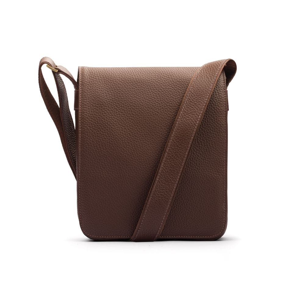 A4 portrait medium leather messenger bag, brown pebble grain, front