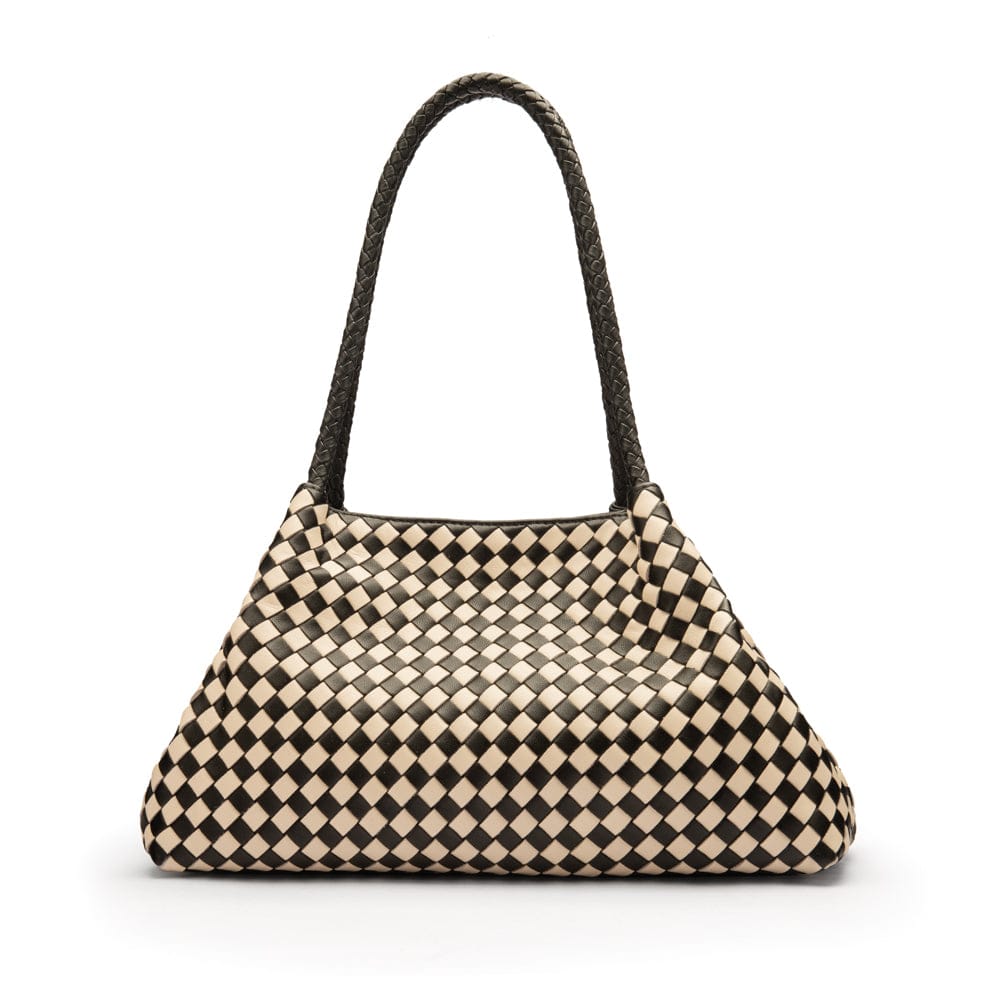 Midi woven leather bag, black and ecru check, trapeze shape