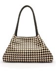 Midi woven leather bag, black and ecru check, trapeze shape