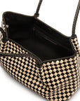 Midi woven leather bag, black and ecru check, open
