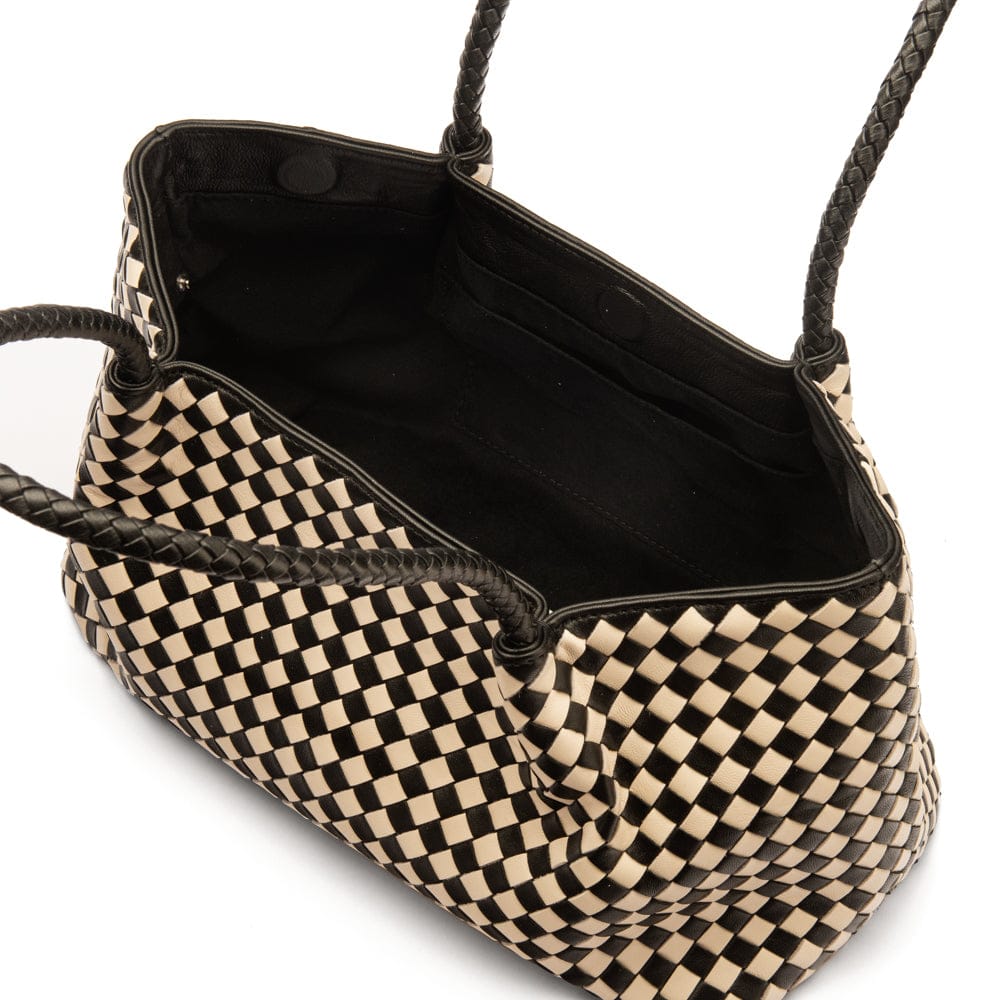 Midi woven leather bag, black and ecru check, open view