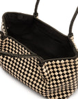 Midi woven leather bag, black and ecru check, open view