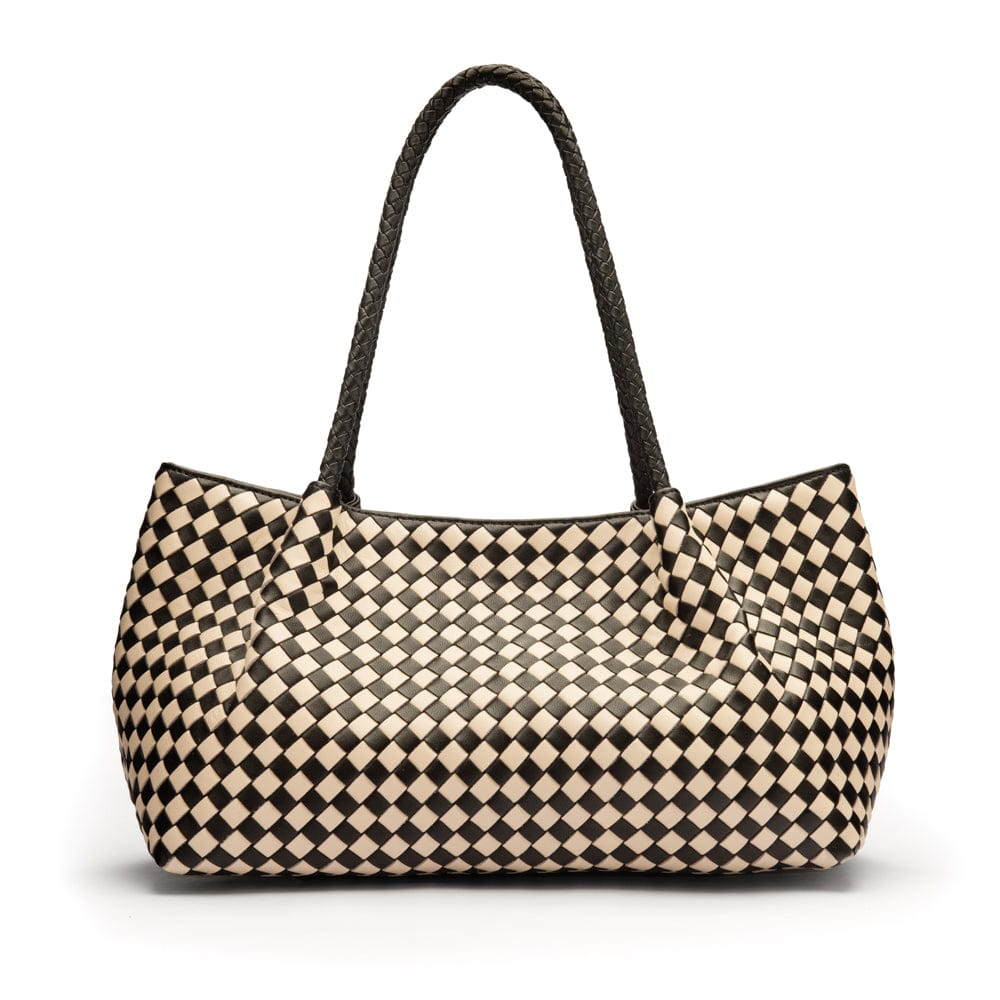Midi woven leather bag, black and ecru check, front