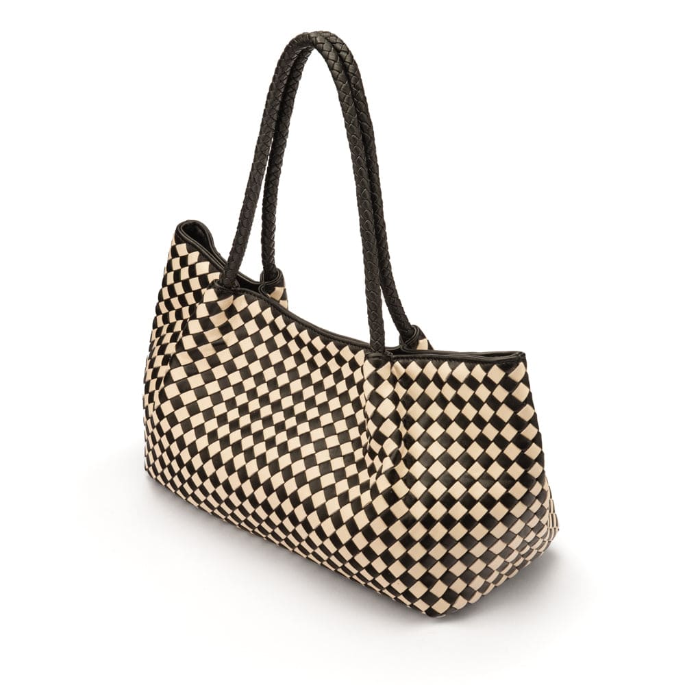 Midi woven leather bag, black and ecru check, side