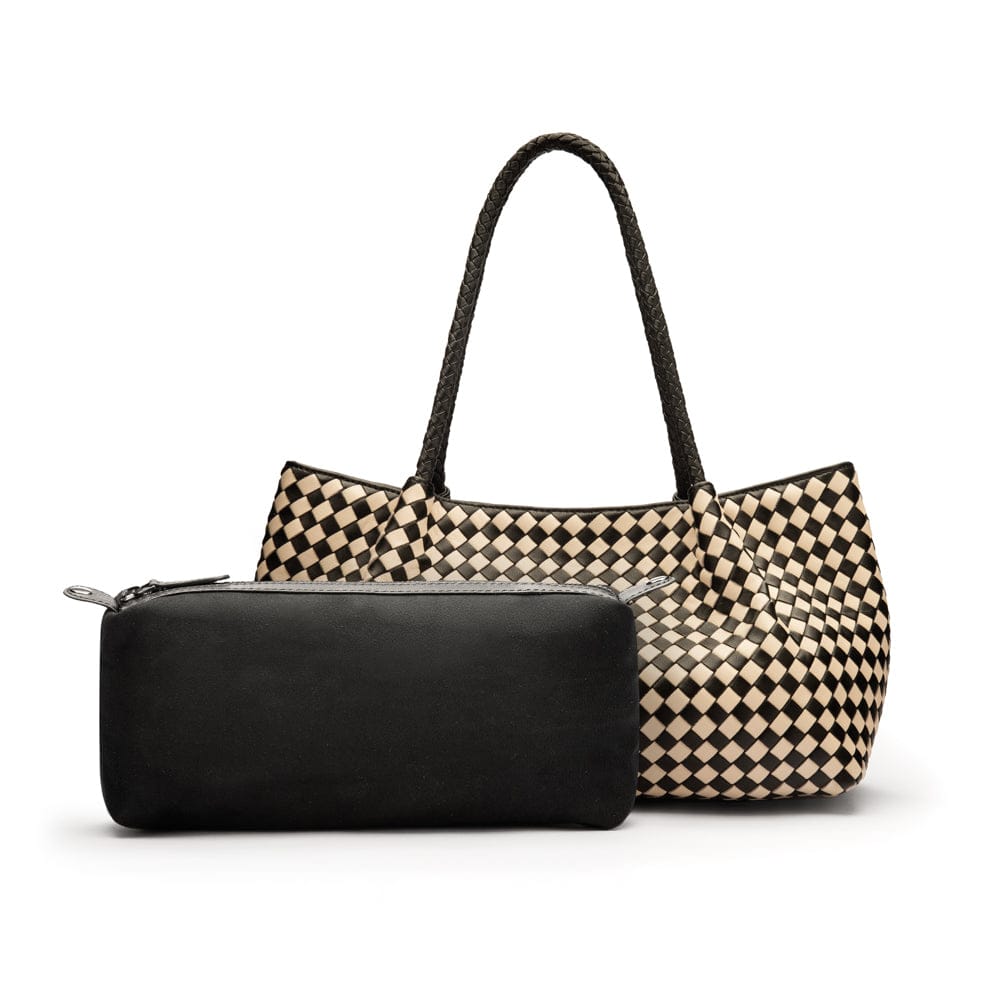 Midi woven leather bag, black and ecru check, inner bag
