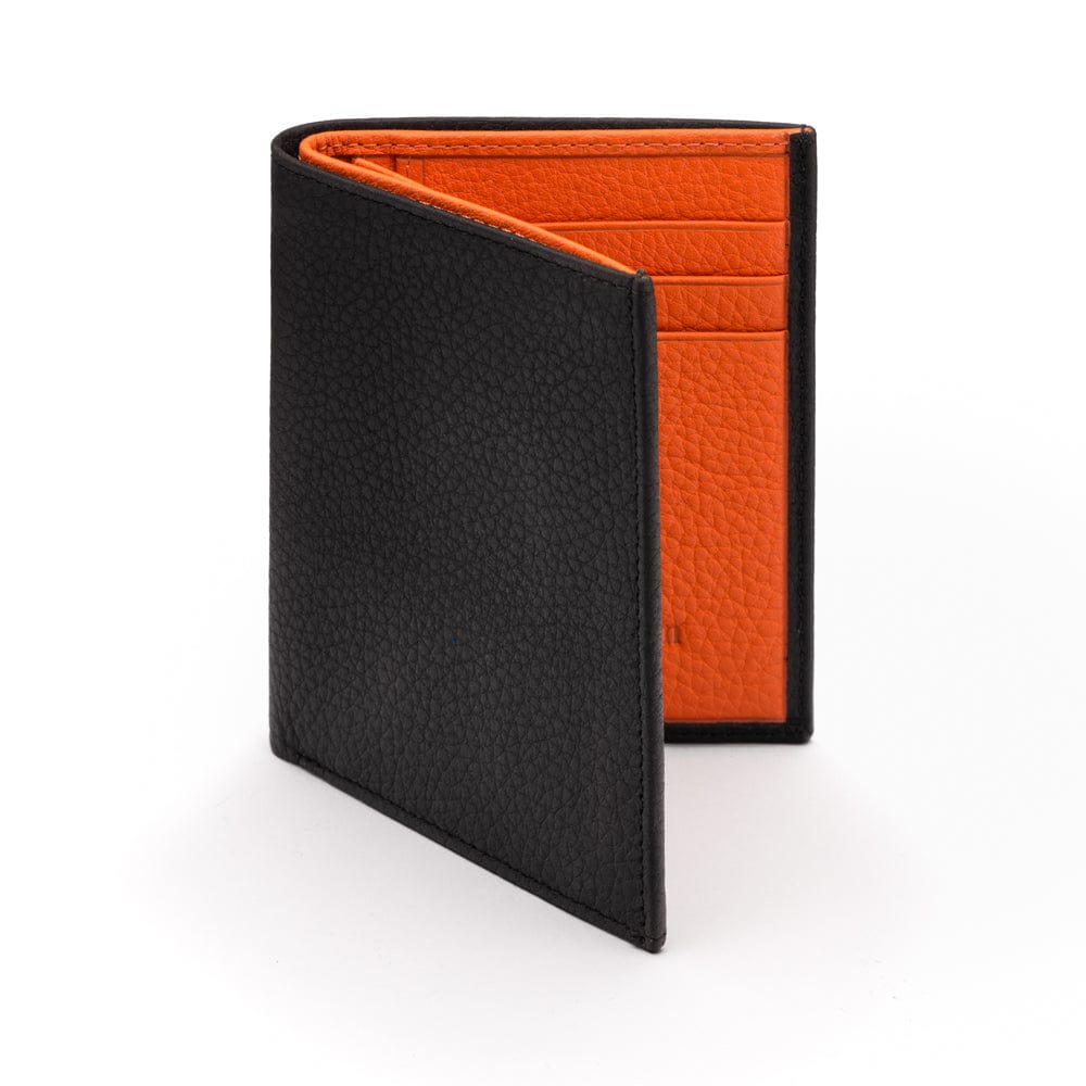 Compact leather wallet with 6 credit card slots and 2 ID windows, black with orange, front