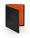 Compact leather wallet with 6 credit card slots and 2 ID windows, black with orange, front