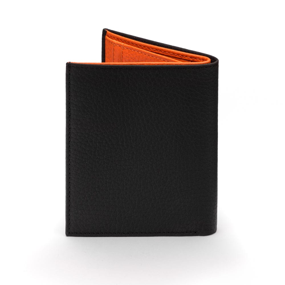 Compact leather wallet with 6 credit card slots and 2 ID windows, black with orange, back