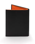 Compact leather wallet with 6 credit card slots and 2 ID windows, black with orange, back