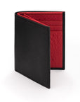 Compact leather wallet with 6 credit card slots and 2 ID windows, black with red, front