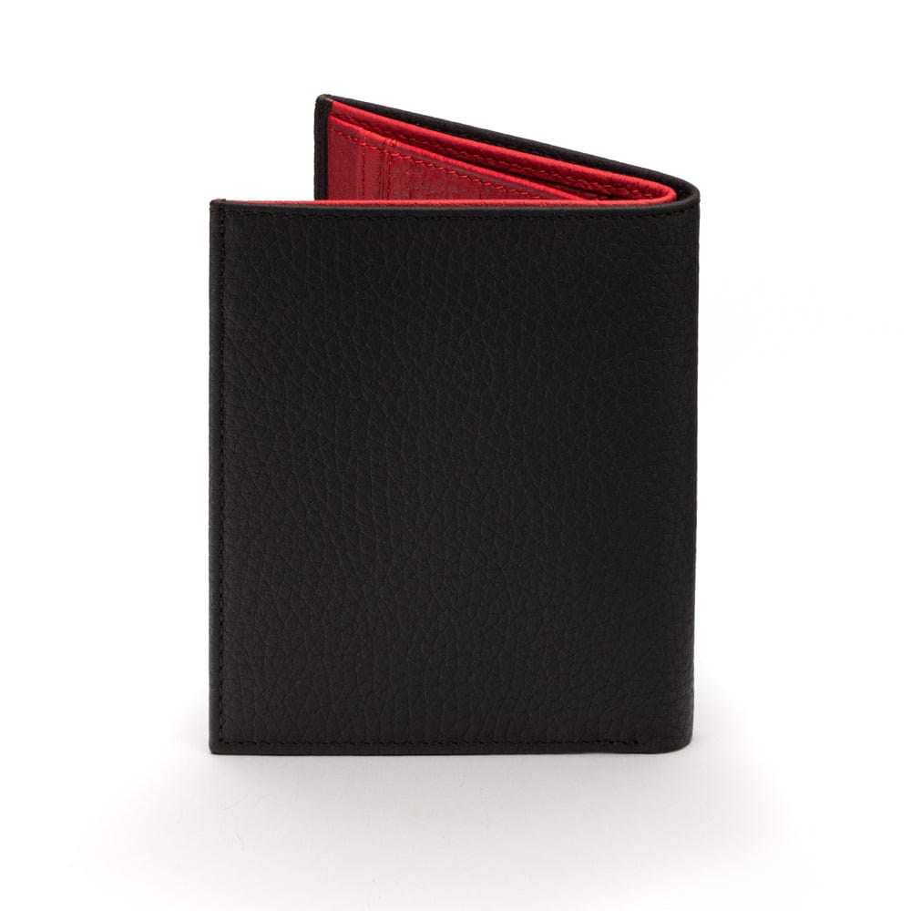 Compact leather wallet with 6 credit card slots and 2 ID windows, black with red, back